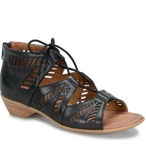 Comfortiva Riley Black Leather Strappy Sandals 6.5W Pillowtop Lace Up Zip Back